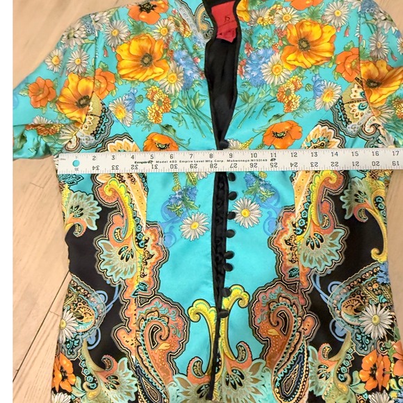 JS Collections Silk Floral Paisley Jacket Turquoise Orange Loop Button Size 6 - Picture 7 of 8